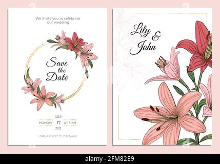 Rosa Lilie Hochzeit Einladung Karte Vorlage Design, Lilien Blumen und Blätter mit Gold Rahmen vintage lineare Kunst Skizze Stil Vektor Illustration. Fluss Stock Vektor
