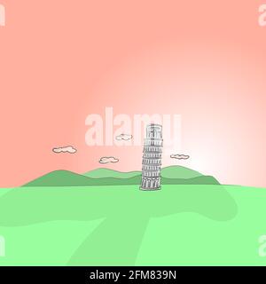 Schiefen Turm von Pisa, Italien auf dem Hintergrund der Landschaft handgezeichnete Illustration Vektor Stock Vektor