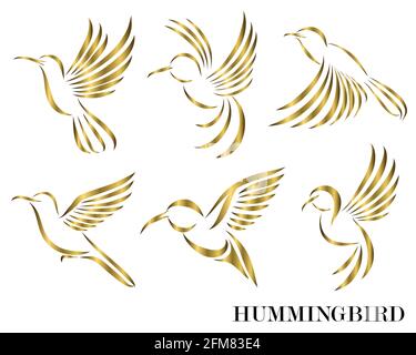 Linienkunst Vektor-Illustration sechs Bildsatz von fliegenden goldenen Kolibris. Geeignet für die Herstellung von Logos Stock Vektor