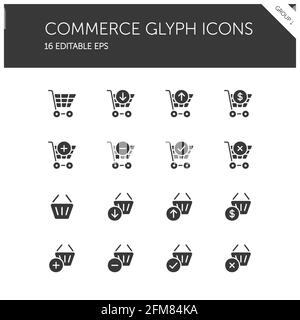 Handel. Warenkorb und Korbgruppe auf weißem Hintergrund. Web speichern. Isolierter Symbolsatz. Glyphen-Vektor-Illustration Stock Vektor
