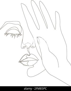 Eine Linie Frau Gesicht und Hand. Schönheitsporträt im linearen Stil. Stock Vektor