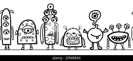 Nahtloser Monster-Border-Vektor. Wiederholen niedliche Aliens und Monster horizontal wiederholendes Muster schwarz auf weiß. Monochromes Kinder-Banner-Design für Stock Vektor