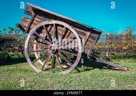Alter Pferdewagen mit Weinbergen im Hintergrund Stockfoto