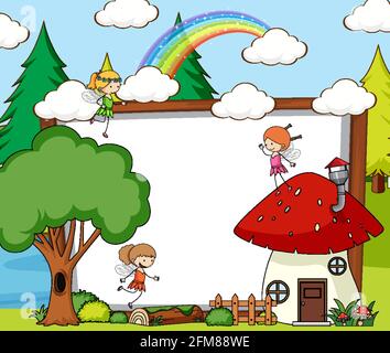 Leeres Banner in der Waldszene mit Märchen-Cartoon Darstellung von Zeichen und Elementen Stock Vektor