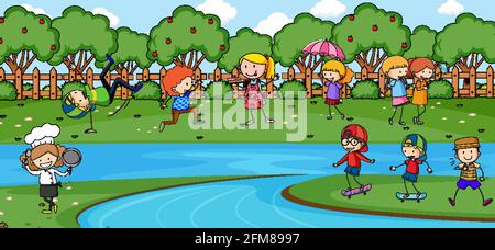 Outdoor-Szene mit vielen Kindern spielen im Park Illustration Stock Vektor