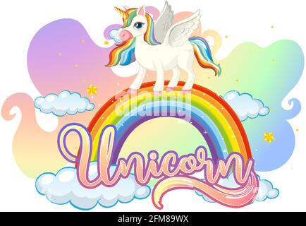 Cartoon-Figur von Einhorn auf Regenbogen mit Einhorn-Schrift stehen Abbildung Stock Vektor