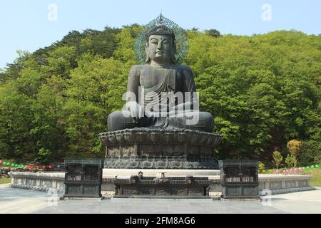 Große Buddha-Statue aus Bronze im Sinheung-sa-Tempel in Seoraksan Nationalpark in Südkorea Stockfoto