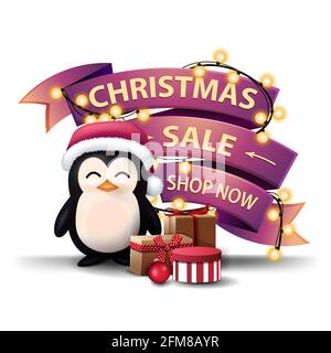 Weihnachtsverkauf, jetzt einkaufen, Rabatt-Banner in Form von rosa Bändern umwickelt Girlande, Pinguin in Weihnachtsmann Hut mit Geschenken und Weihnachtsbaum Stockfoto