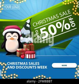 Weihnachtsverkäufe und Rabatte Woche, bis zu 50 off, blau und grün hell modernen Web-Banner mit Knopf, Girlande und Pinguin in Weihnachtsmann Hut mit Pre Stockfoto