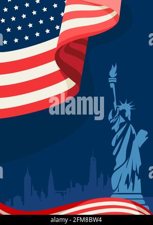 Plakat mit Flagge und Freiheitsstatue. Konzeptkunst des US-Feiertags. Stock Vektor