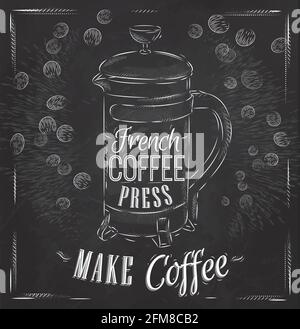 Posterbeschriftung Französische Kaffeepresse macht Kaffee im Retro-Stil Stilisierte Zeichnung mit Kreide Stock Vektor