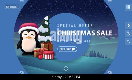 Sonderangebot, Weihnachtsverkauf, bis zu 50 Rabatt, schönes blaues modernes Rabattbanner mit großen dekorativen Kreisen, Winterlandschaft auf Hintergrund und Stift Stockfoto