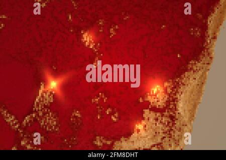 Leuchtendes Rot- und Goldmuster mit Marmorstruktur und funkelnden Reflexen. Abstrakter Vektor-Hintergrund in der Alkoholtinte-Technik. Moderne Farbe mit Glitzer. Templ Stock Vektor