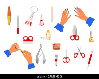 Weibliche Hände und Maniküre-Werkzeuge für die Handpflege Stock Vektor