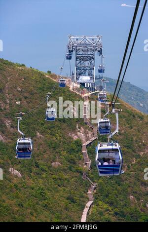 Ngong Ping 360 - eine fahrbare Gondelbahn auf der Insel Lantau in Hongkong. Die Luftbrücke, die den Tourismus in der Gegend verbessern sollte, war früher bekannt als Stockfoto