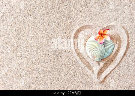 Zwei Muscheln in Form eines Herzens an einem glatten Sandstrand mit Kopierraum, Draufsicht Stockfoto