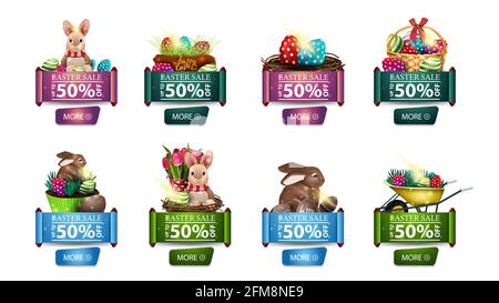 Osterverkauf, bis zu 50 Rabatt, große Reihe von Rabatt-Banner mit Ostern Symbole isoliert auf weißem Hintergrund in Form von Rollen mit Knöpfen Stockfoto
