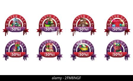 Osterangebot, bis zu 50 Rabatt, große runde Rabattbanner mit Osterikonen-Stil isoliert auf weißem Hintergrund. Stockfoto