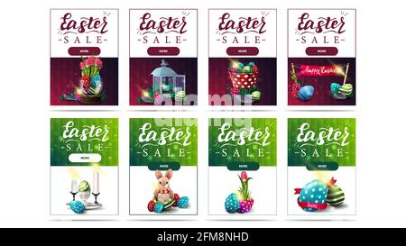 Osterangebot, große Kollektion vertikale Discount Banner mit Ostersymbolen, Knöpfen und polygonaler Textur. Lila und grün ostern Verkauf vertikale temp Stockfoto