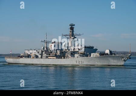 Die Königliche Navy Typ 23 Duke Class Fregatte HMS Argyll (F231) traf am 7. Mai 2021 in Portsmouth, Großbritannien, ein. Stockfoto