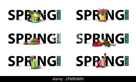 Frühlingsangebot, großes schwarzes Angebot mit Frühlings-Ikonen in minimalistischem, modernem Stil isoliert auf weißem Hintergrund Stockfoto