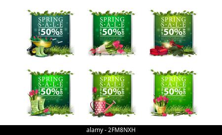 Frühlingsangebot, bis zu 50 Rabatt, Sammlung Grüns Rabatte Banner mit Frühling Symbole und Rahmen von Liana. Große Sammlung Frühling Rabatte Vorlagen Stockfoto