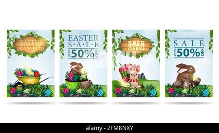 Osterangebot, bis zu 50 Rabatt, Kollektion-Banner im Cartoon-Stil mit Ostern-Ikonen und Frühlingslandschaften. Stockfoto