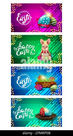 Happy Easter, Kollektion farbenfrohe horizontale Postkarten mit Ostern-Ikonen, Schriftzügen und Girlande-Rahmen. Horizontale Osterpostkarten mit flüssigem Abst Stockfoto