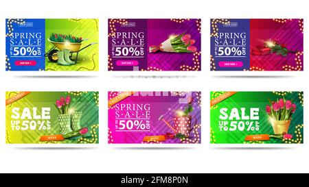 Frühlingsangebot, bis zu 50 Rabatt, große Kollektion bunte Rabatte Banner mit Frühling-Ikonen und flüssige abstrakte Formen auf dem Hintergrund. Sammelfeder d Stockfoto