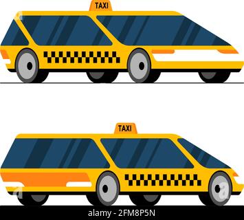Blick auf die Vorder- und Rückseite des Taxis, das sich selbst fährt. Gelb futuristische unbemannte Konzept Taxi Stadt Service Transport Set moderne flache Vektor Cartoon Stil Illustration Stock Vektor