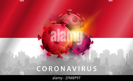 Coronavirus, Warnschild auf dem Hintergrund der Flagge Indonesiens. Coronavirus 2019-nCoV. Zeichen des Coronavirus COVID-2019 in Indonesien Stockfoto