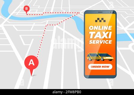 Smartphone mit Online Taxi Bestellservice App Konzept. Taxi Transfer Route und Geotag gps Position PIN Ankunft Adresse auf der Karte. Holen Sie sich Taxicab Positionierung Anwendung flache Vektor eps Illustration Stock Vektor