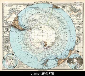 Kupferstich-Kupferstichkarte von Südpol aus dem 19. Jahrhundert. Alle Karten sind wunderschön farbig und illustriert und zeigen die Welt zu dieser Zeit. Stockfoto