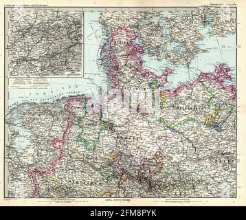 Kupferstich-Kupferstich-Landkarte von Deutschland aus dem 19. Jahrhundert. Alle Karten sind wunderschön farbig und illustriert und zeigen die Welt zu dieser Zeit. Stockfoto