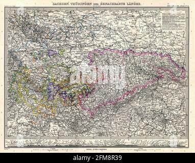 Kupferstich-Kupferstich-Landkarte von Deutschland aus dem 19. Jahrhundert. Alle Karten sind wunderschön farbig und illustriert und zeigen die Welt zu dieser Zeit. Stockfoto