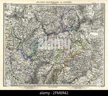 Kupferstich-Kupferstich-Landkarte von Deutschland aus dem 19. Jahrhundert. Alle Karten sind wunderschön farbig und illustriert und zeigen die Welt zu dieser Zeit. Stockfoto