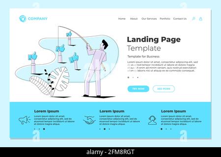 Fischer Geschäftsmann Angeln Daumen nach oben Likes auf Landing Page Web Design Vorlage. Vector Business Internet Technology SMM Social Media Marketing Website Konzept eps Illustration Stock Vektor