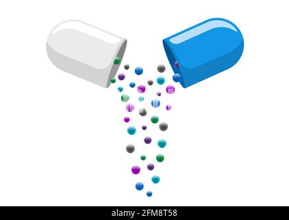 Medizinische Kapsel Pille geöffnet mit herausfallenden bunten Molekülen. Medizin Medikament Vitamin verbessern Gesundheitskonzept. Weiße und blaue pharmazeutische Antibiotika-Hälften mit Partikeln Vektor isolierte Abbildung Stock Vektor