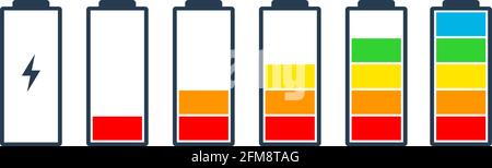 Akkuladeanzeige Symbole Vektor-Symbol Ladezustand Akkuenergie kraftvoll voller Spaß lustige Leistung läuft niedrig voller Status Batterien Logo-Ladezustand leer Ladebalken Gadgets alkalisch eingestellt Stock Vektor