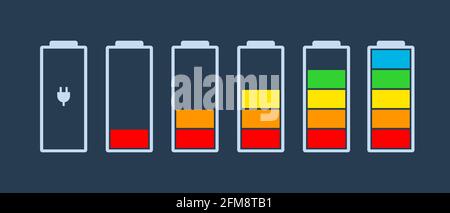 Akkuladeanzeige Symbole Vektor-Symbol Ladezustand Akkuenergie kraftvoll voller Spaß lustige Leistung läuft niedrig voller Status Batterien Logo-Ladezustand leer Ladebalken Gadgets alkalisch eingestellt Stock Vektor