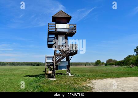 Andau, Österreich - 04. Mai 2021: Aussichtsturm an der wiederaufgebauten historischen Brücke von Andau, wo die Flüchtlinge aus Ungarn 1956 Fr. Stockfoto