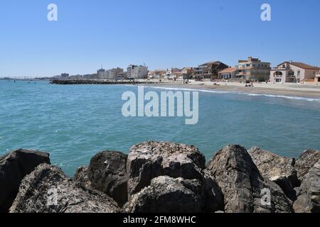 Die Küste und der Strand in Palavas les Flots, in der Nähe von Carnon Plage und Montpellier, in der Nähe von okzitaine, Südfrankreich Stockfoto