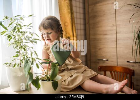 Happy kleine niedliche Baby Mädchen kümmert sich um Zimmerpflanzen. Mädchen Bewässerung und Spritzen Zimmerpflanzen zu Hause Stockfoto