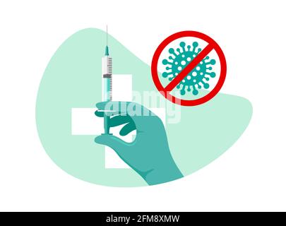 Arzt Hand in grünen Handschuh halten Coronavirus-Infektion Impfspritze auf erste-Hilfe-Zeichen Hintergrund. Impfung gegen COVID-19. Medizinisch 2019-nco Stock Vektor