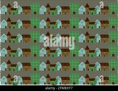 Nahtloses Muster mit Stadtbild von farbigen Häusern auf einem Bürgersteig Straße Stock Vektor