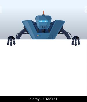 Cartoon-Roboter stehen hinter leeren Poster Platz für Text. Blauer Retro-Cyborg-Charakter mit leerem weißen Brett zur Präsentation. Roboter Informationen Banner mockup Interface Design Vektor Illustration Stock Vektor