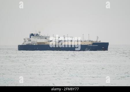 Sabetta, Autonome Region Jamal-Nenzen, Russland - 7. April 2021: VLADIMIR RUSANOV Flüssiggas-Tanker bewegt sich auf Eis. Bewölkt, leichter Schnee ist f Stockfoto