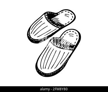 Handgezeichnete Skizze für schlafenden Slipper. Startseite bequeme Schuhe Paar schwarz und weiß Doodle. Zwei Hausschuhe Tinte Vektor isoliert Illustration Stock Vektor