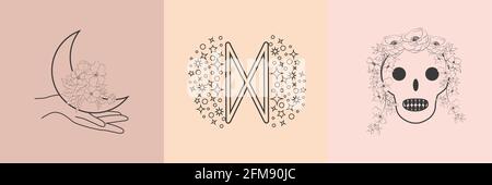 Sammlung mystischer und geheimnisvoller Illustrationen im handgezeichneten Stil. Schädel, Tiere, Weltraumobjekte, Zauberkugel, Kristalle Stock Vektor