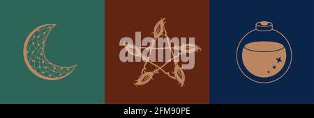 Sammlung mystischer und geheimnisvoller Illustrationen im handgezeichneten Stil. Schädel, Tiere, Weltraumobjekte, Zauberkugel, Kristalle Stock Vektor